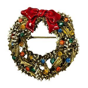 Vintage Christmas 1960s Signed ART Rhinestone and Red Enamel Bow Wreath Brooch